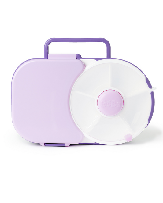 Purple suitcase-shaped product with a circular component on a white background