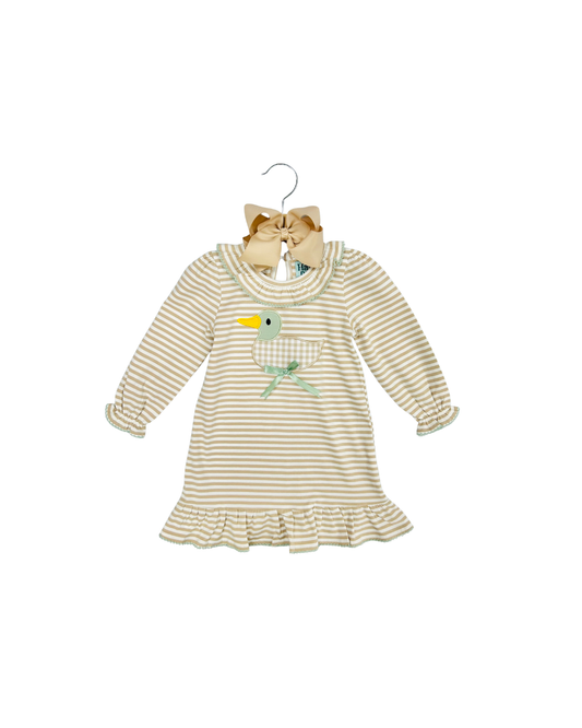 Hazel Blue Tan Stripe Picot Trim Ruffle Dress with Gingham Mallard Applique & Bow