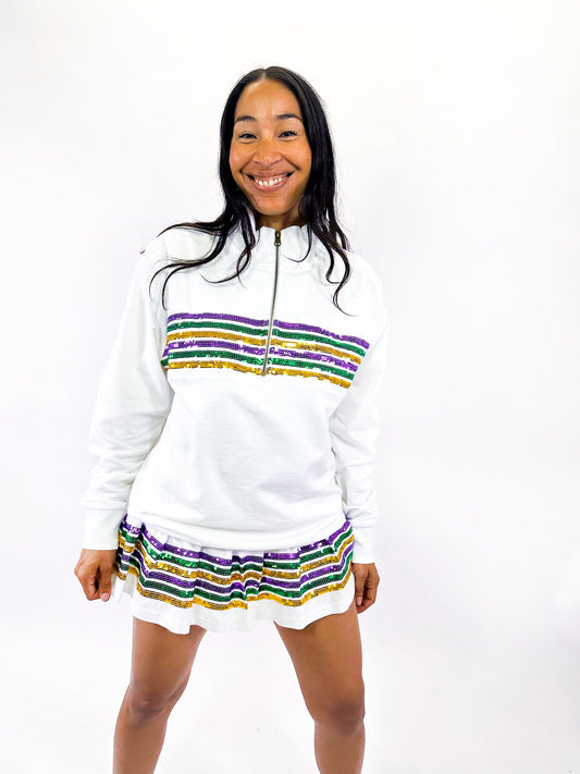 Adult Sequin Chest Stripe 1/4 Zip Pullover – White