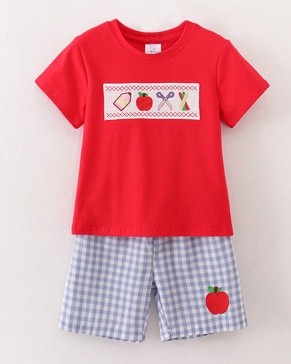 Boys Back to School Pencil Apple Applique Plaid Shorts Set