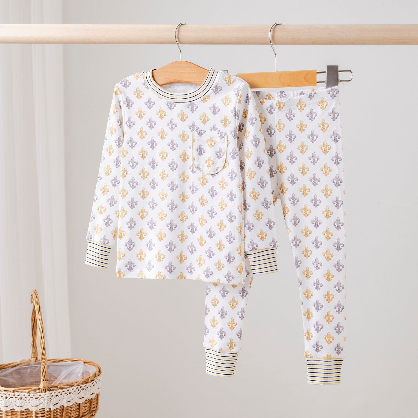 Black and Gold Fleur de Lis Organic Cotton Kids Pajamas (Stripe Trim)