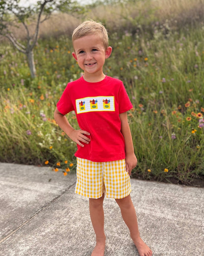 Back to School Crayon Smocked Boys Plaid Shorts Set