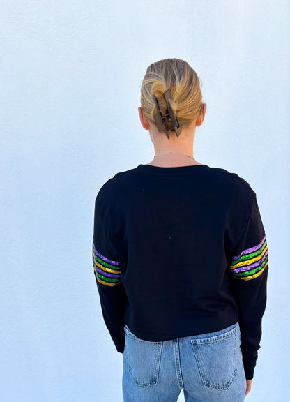 Sequin Chest Stripe Crop Pullover - Black