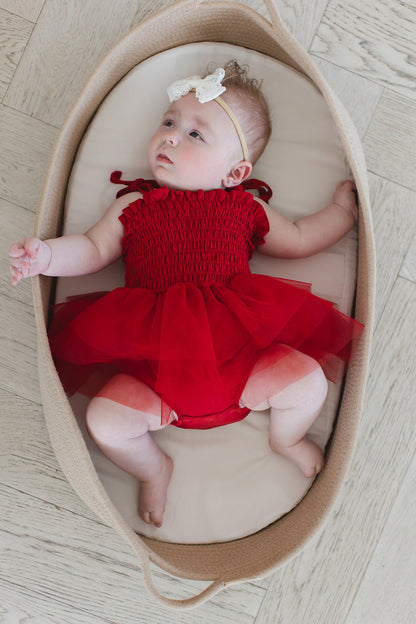 Crimson - Smocked Tulle Bodysuit Dress