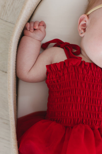 Crimson - Smocked Tulle Bodysuit Dress