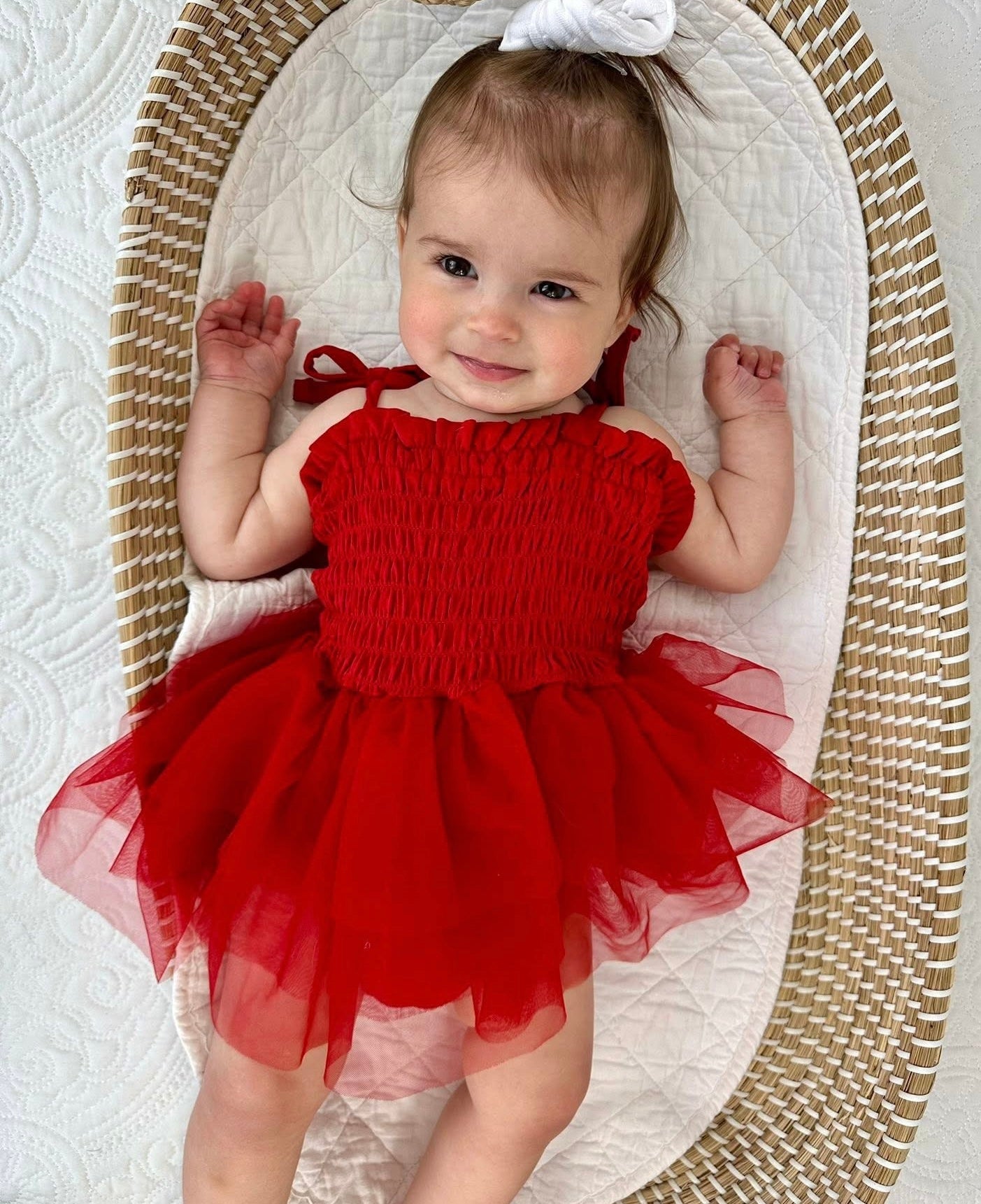Crimson - Smocked Tulle Bodysuit Dress