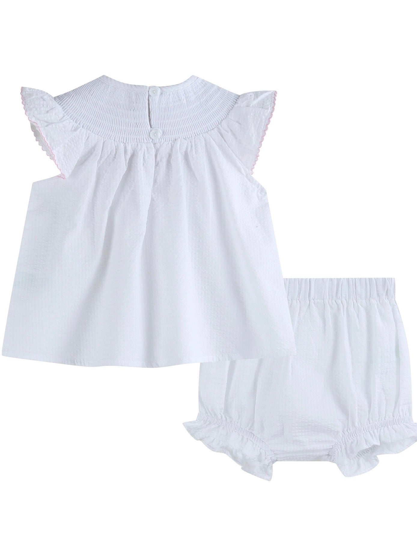 White Baby Sister Smocked Dress and Bloomer Set