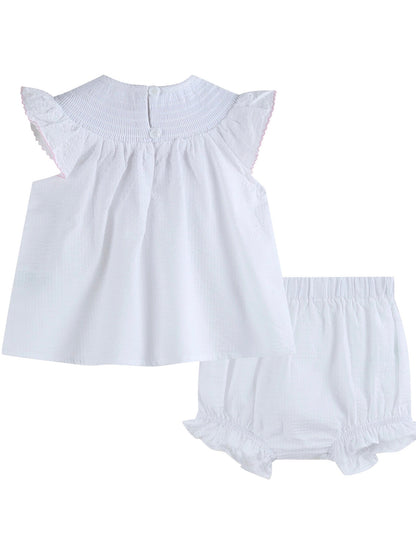 White Baby Sister Smocked Dress and Bloomer Set