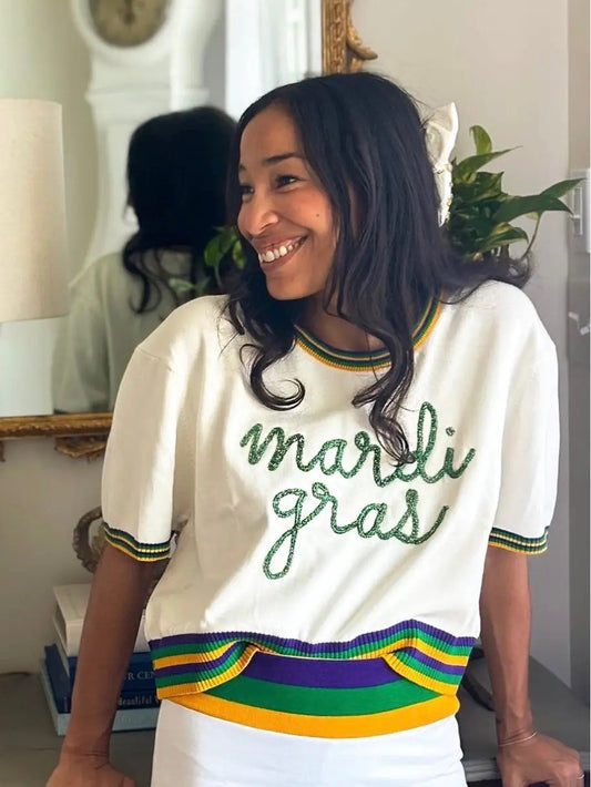 Adult Short Sleeve Tinsel Crop - Mardi Gras