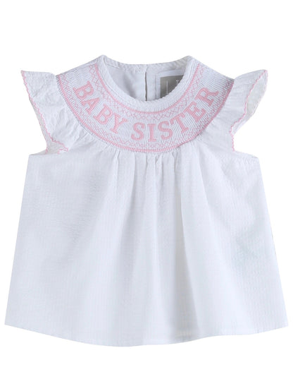 White Baby Sister Smocked Dress and Bloomer Set