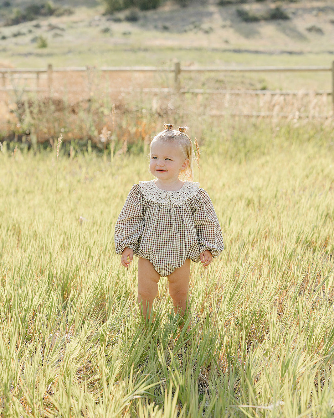 Camel Gingham Lace Bubble Romper