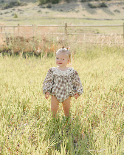 Camel Gingham Lace Bubble Romper