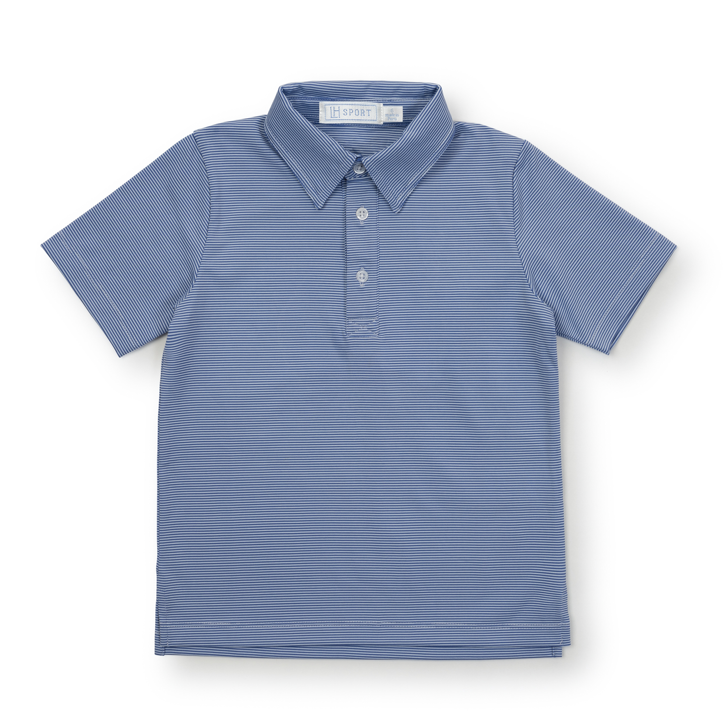 Blue striped polo shirt on a white background