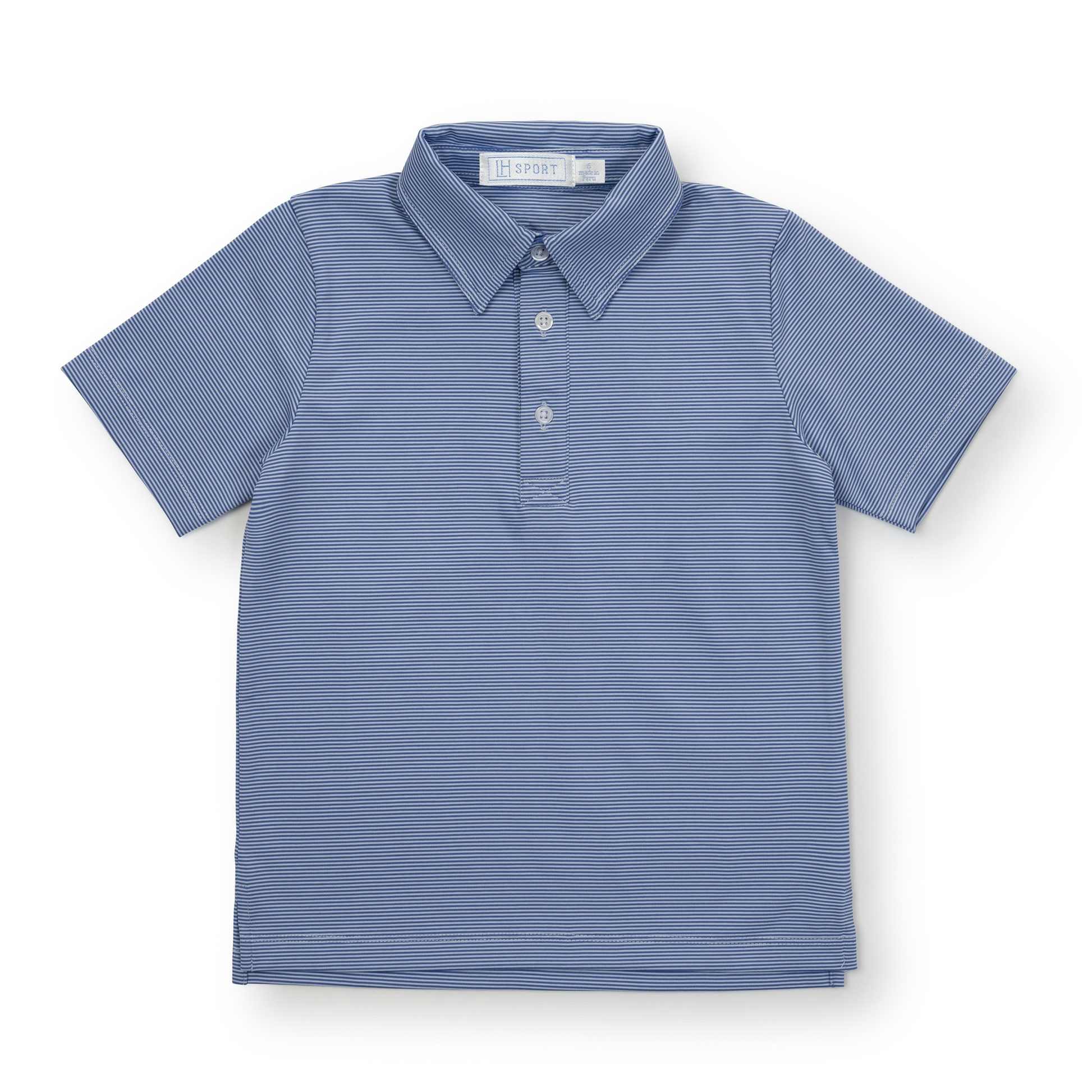 Blue striped polo shirt on a white background