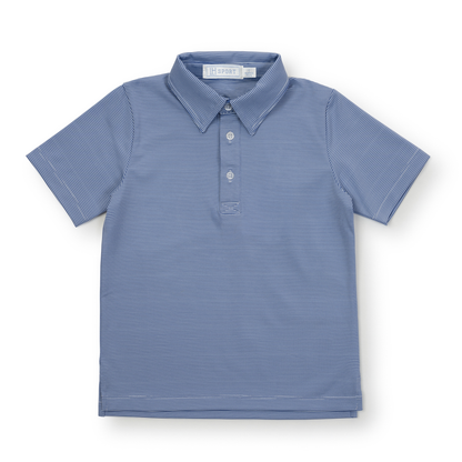 Blue striped polo shirt on a white background