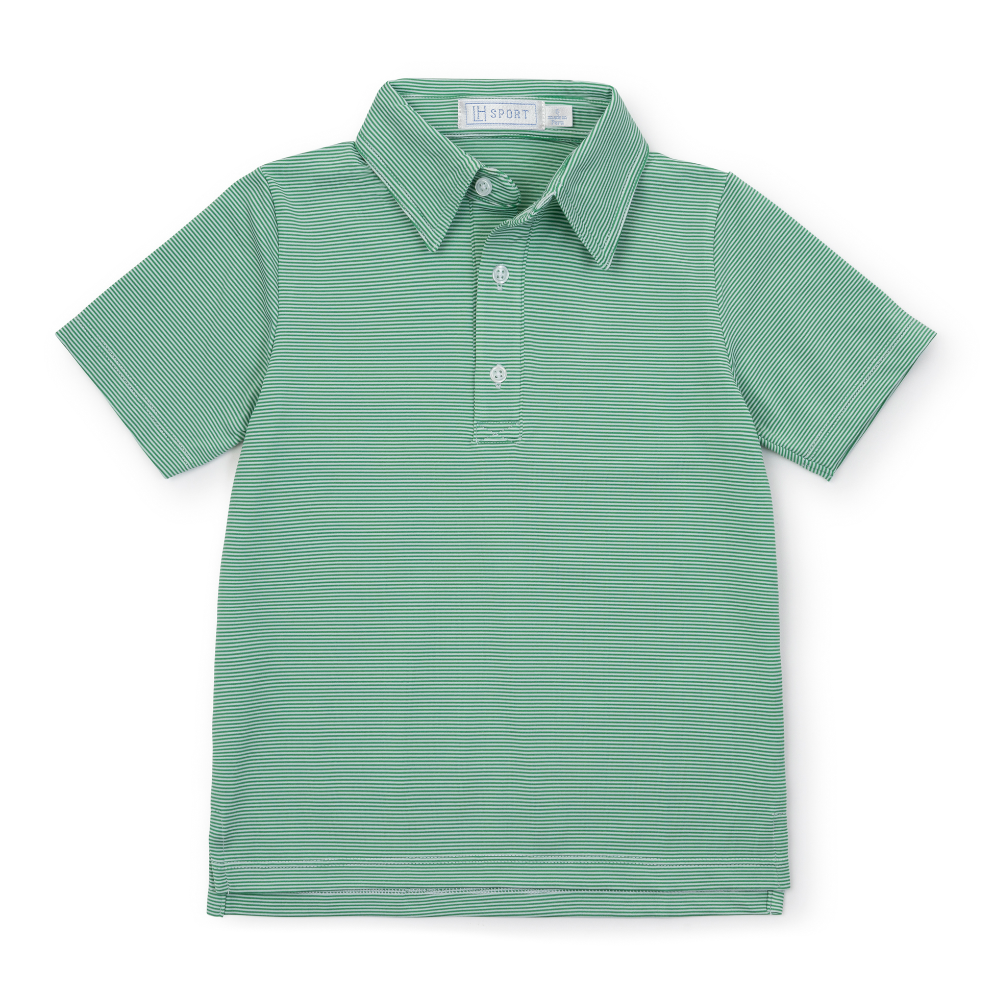 Green striped polo shirt on a white background