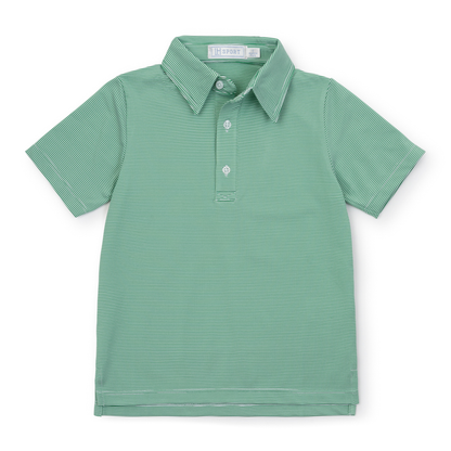 Green striped polo shirt on a white background