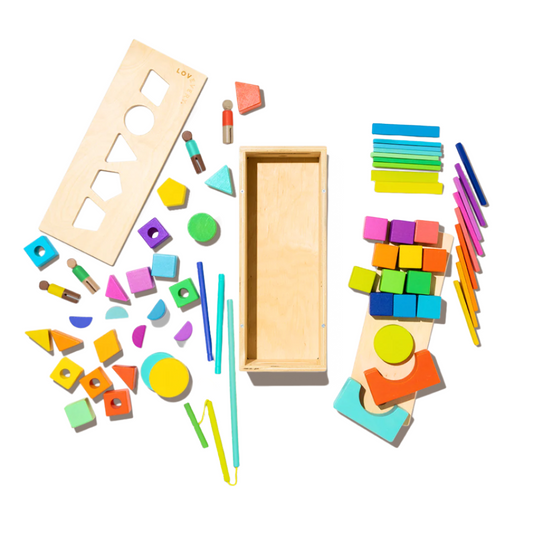 Colorful wooden geometric shapes and blocks on a white background