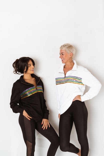 Adult Sequin Chest Stripe 1/4 Zip Pullover – White