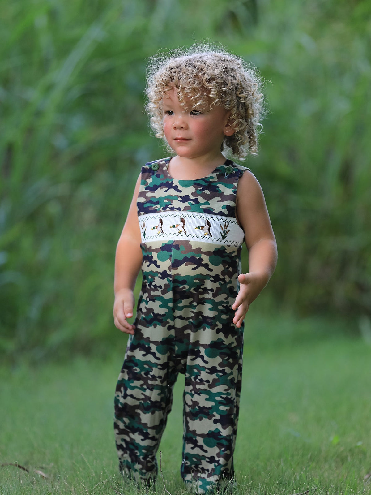 Camouflage Duck Smocking Embroidery Baby Boy Romper