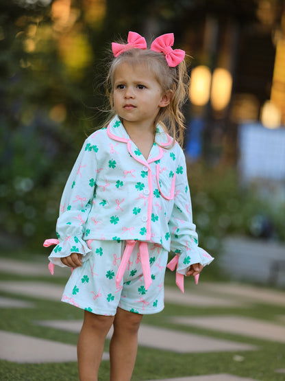 St. Patrick's Day Bow Shamrock Print Ruffles Girls Pajama Set