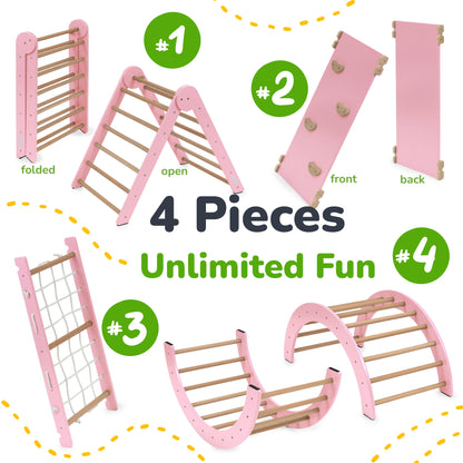 Set of pink and wooden pet play structures with labeled components on a white background.