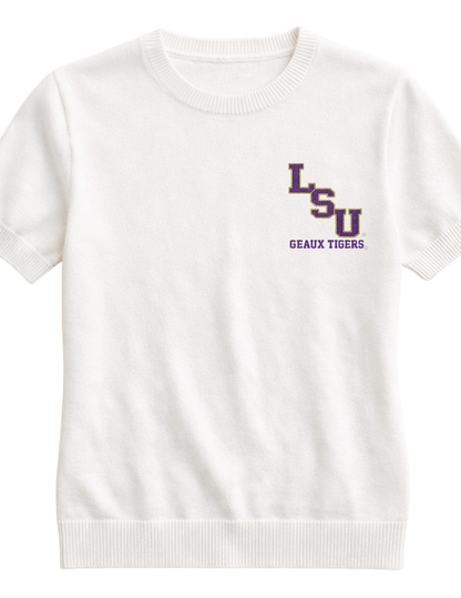 Louisiana State University Small Block Letters Geaux Tigers Ivory Short Sleeve Sweater