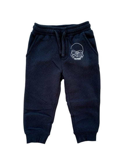 Navy blue sweatpants with a white logo on a white background