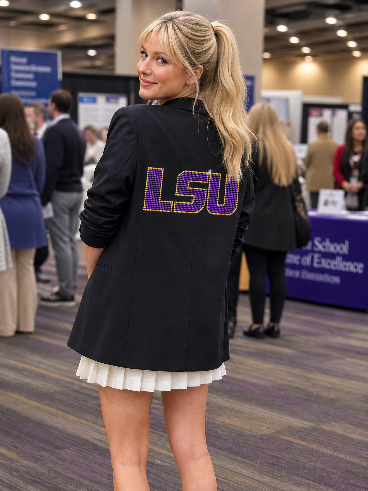 Louisiana State University Crystal Block Letters Black Ruched Sleeve Blazer