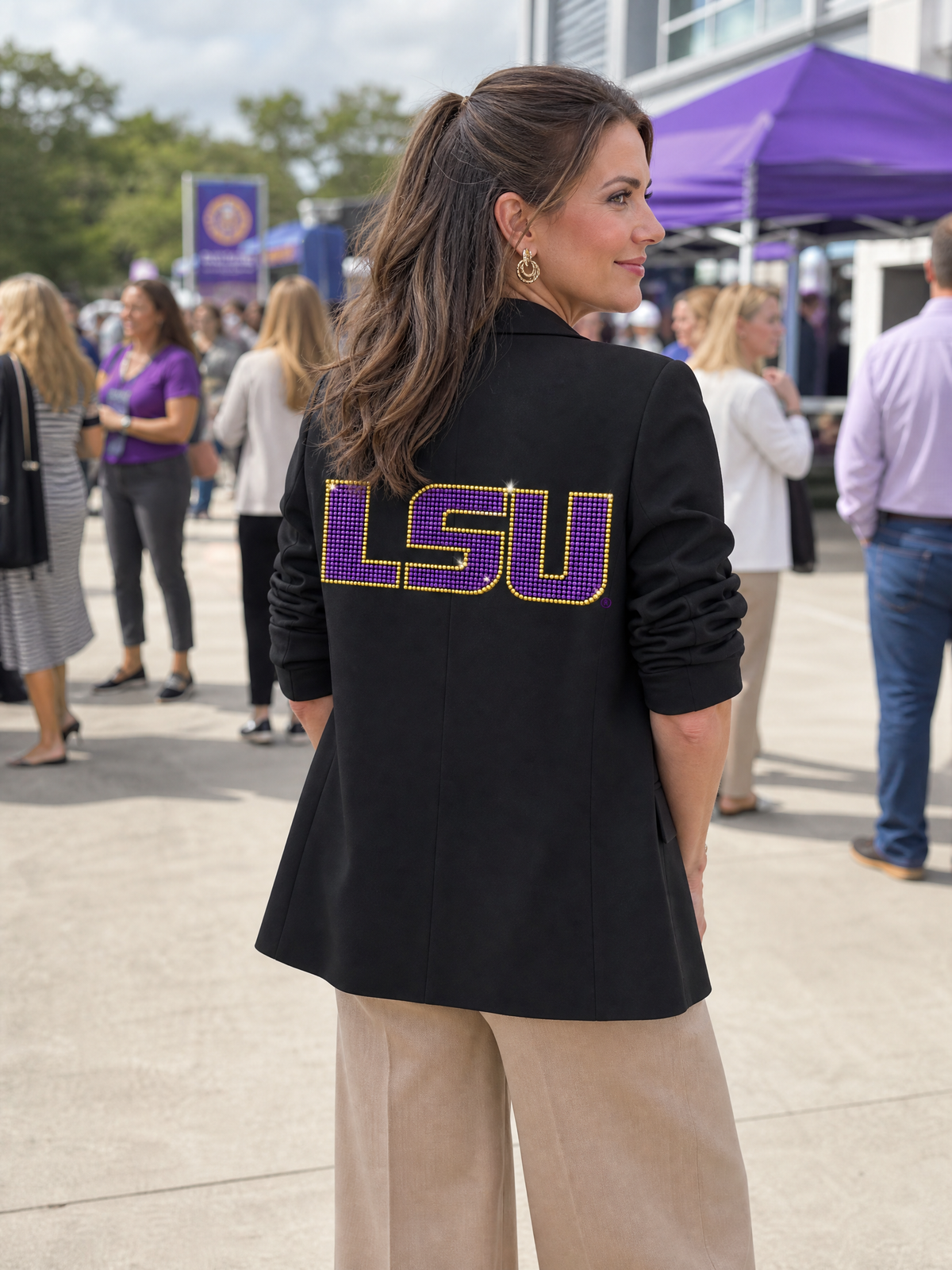 Louisiana State University Crystal Block Letters Black Ruched Sleeve Blazer