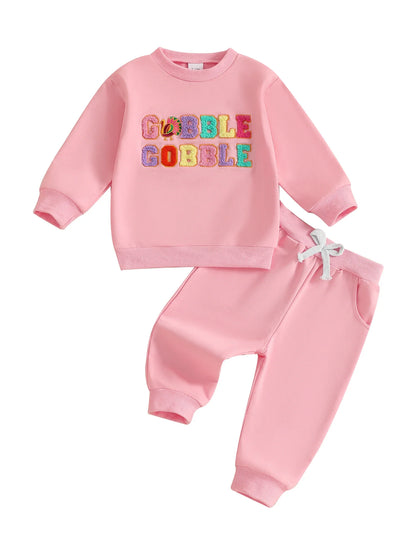 Baby Toddler Girls 2Pcs Thanksgiving Outfit Long Sleeve Turkey Gobble Embroidery Top + Pants Jogger Set Clothes