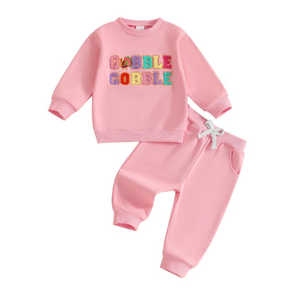 Baby Toddler Girls 2Pcs Thanksgiving Outfit Long Sleeve Turkey Gobble Embroidery Top + Pants Jogger Set Clothes
