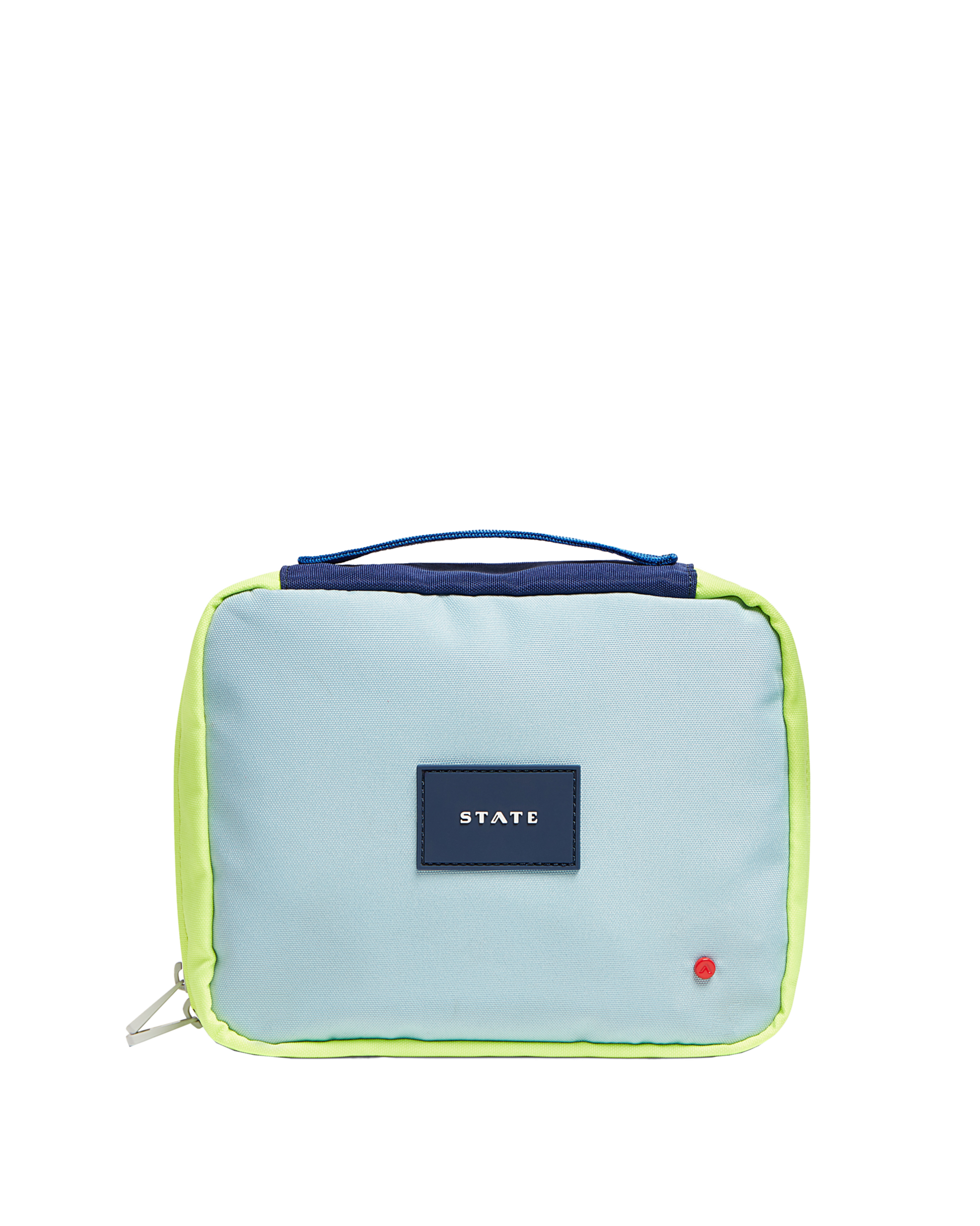 Light blue and green pouch with a visible brand logo on a white background