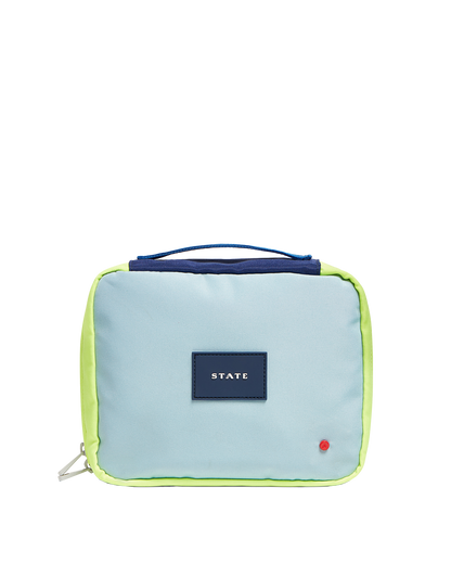 Light blue and green pouch with a visible brand logo on a white background