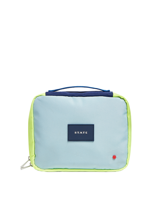 Light blue and green pouch with a visible brand logo on a white background