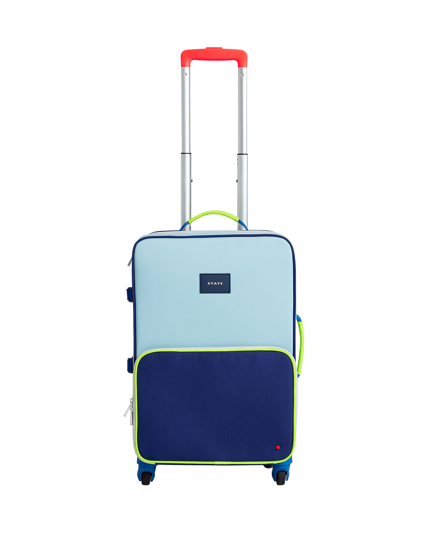 Two-tone blue and navy suitcase with a red handle on a white background