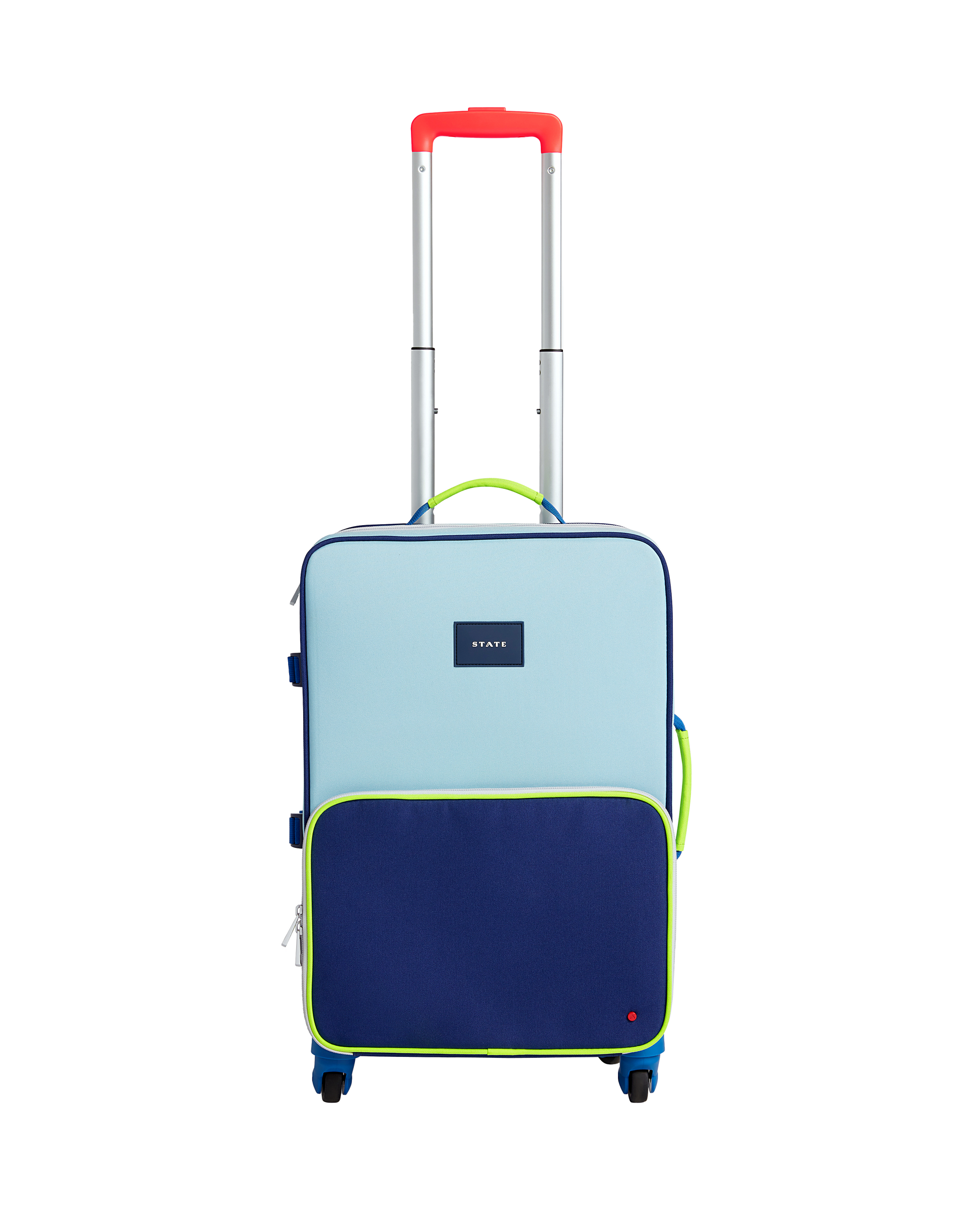 Two-tone blue and navy suitcase with a red handle on a white background