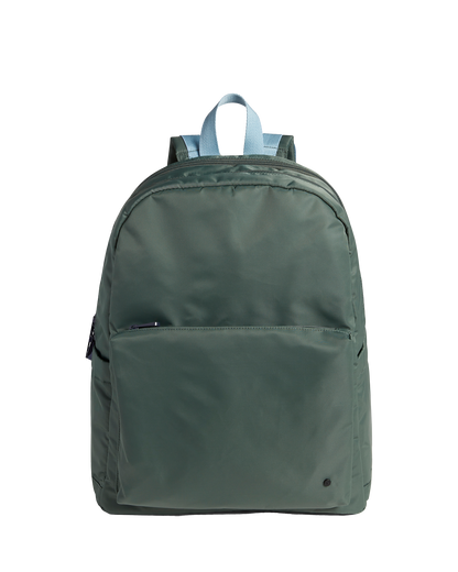 Green backpack diaper bag on a white background