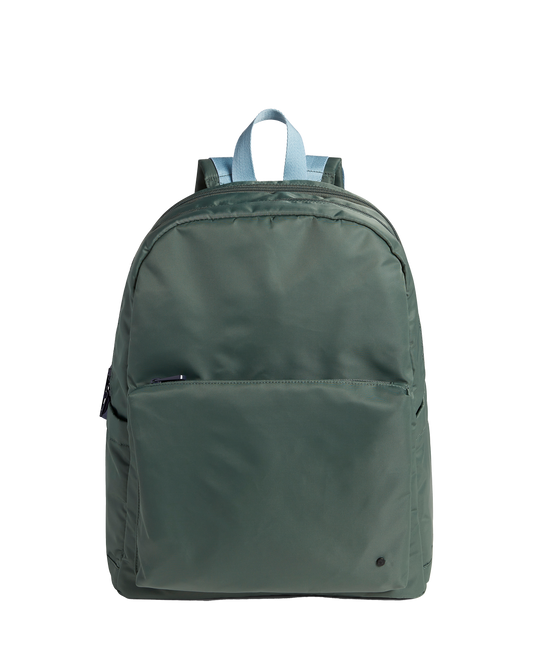 Green backpack diaper bag on a white background