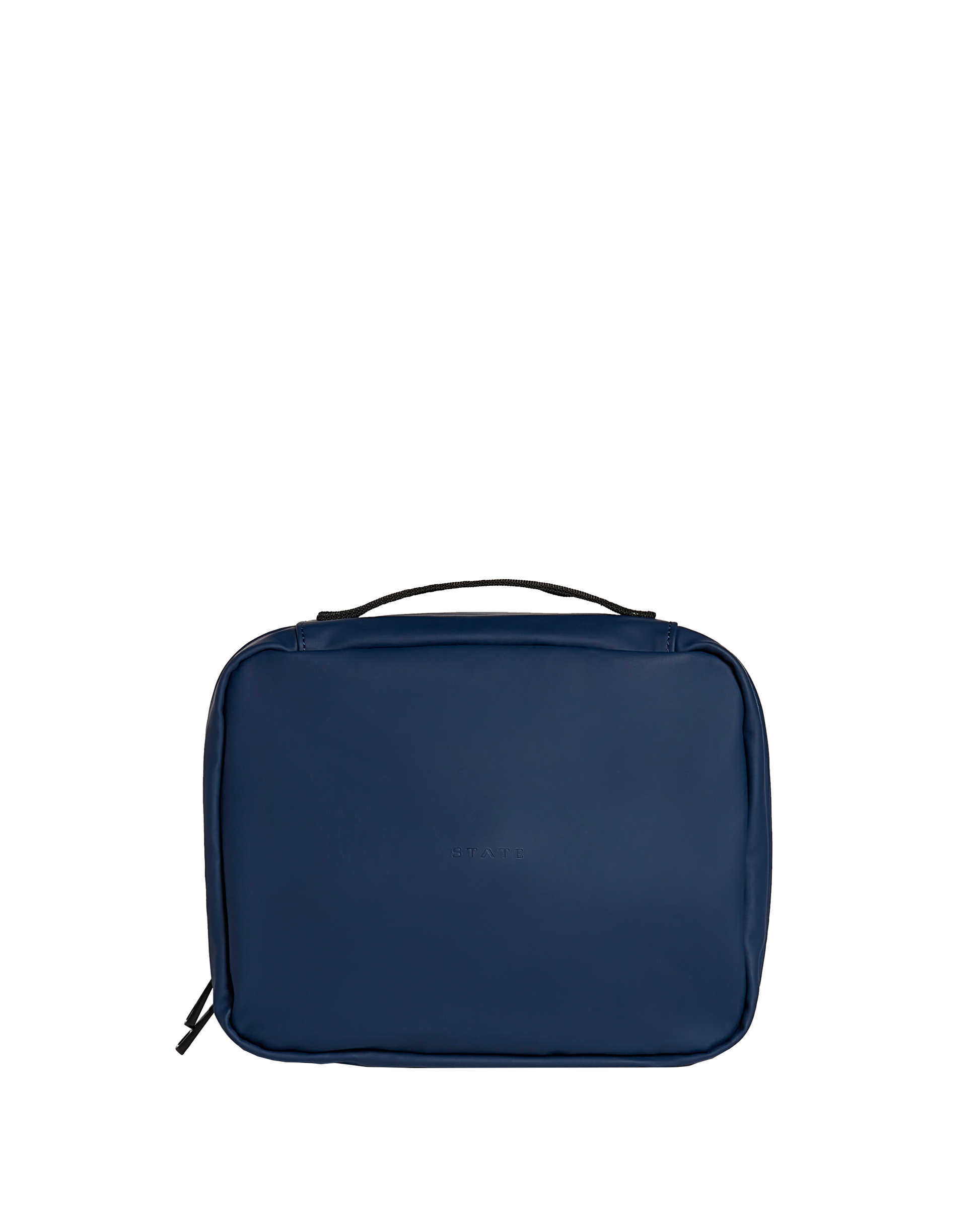 Navy blue rectangular pouch with a handle on a white background