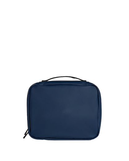 Navy blue rectangular pouch with a handle on a white background