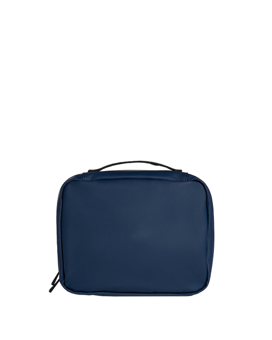 Navy blue rectangular pouch with a handle on a white background