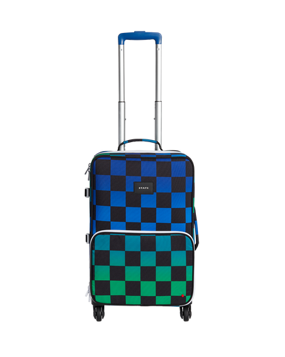 Checkered suitcase with blue and green pattern on a white background