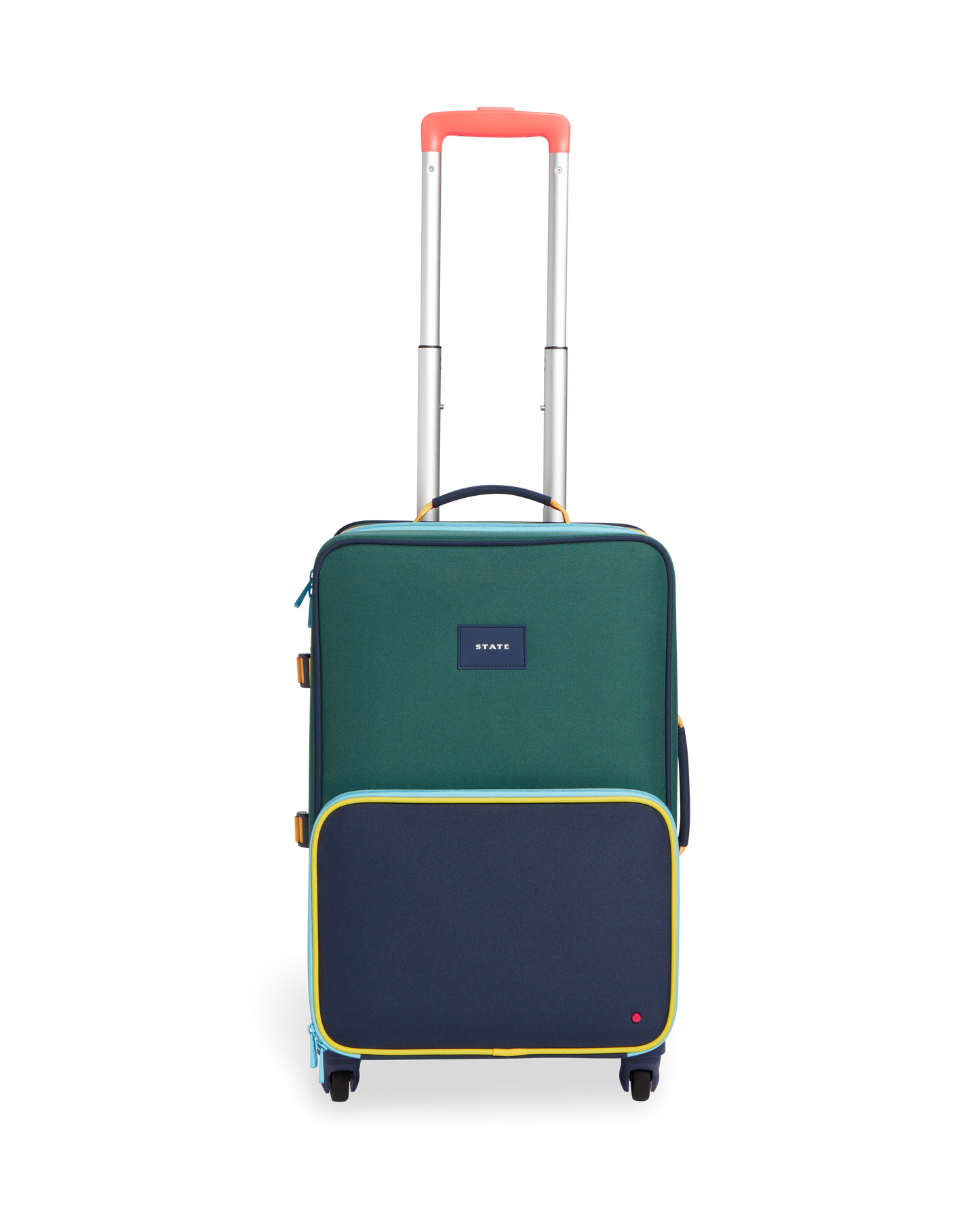 Green and navy State Bag suitcase with a visible brand logo on a white background