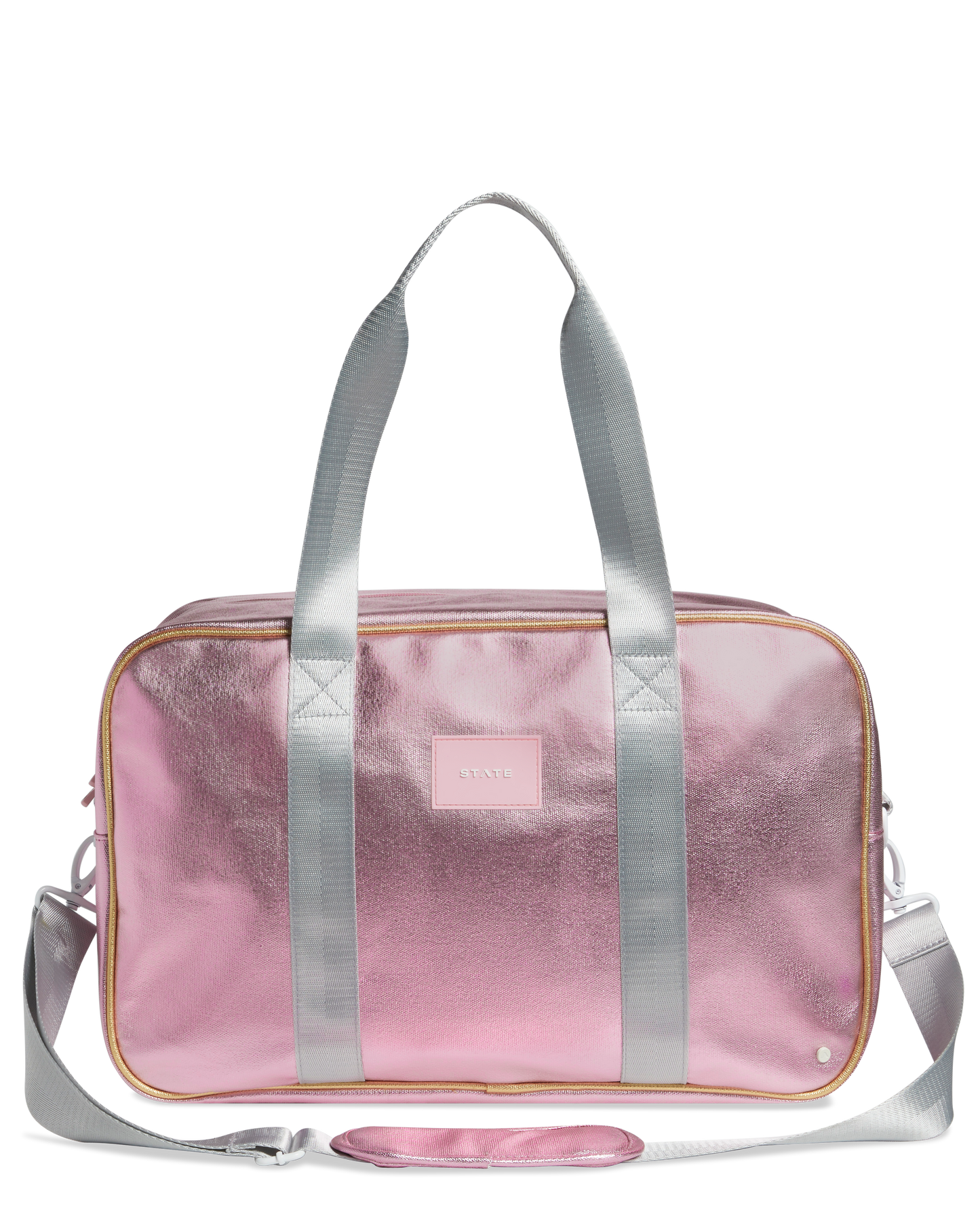 Pink metallic duffel bag with silver straps on a white background