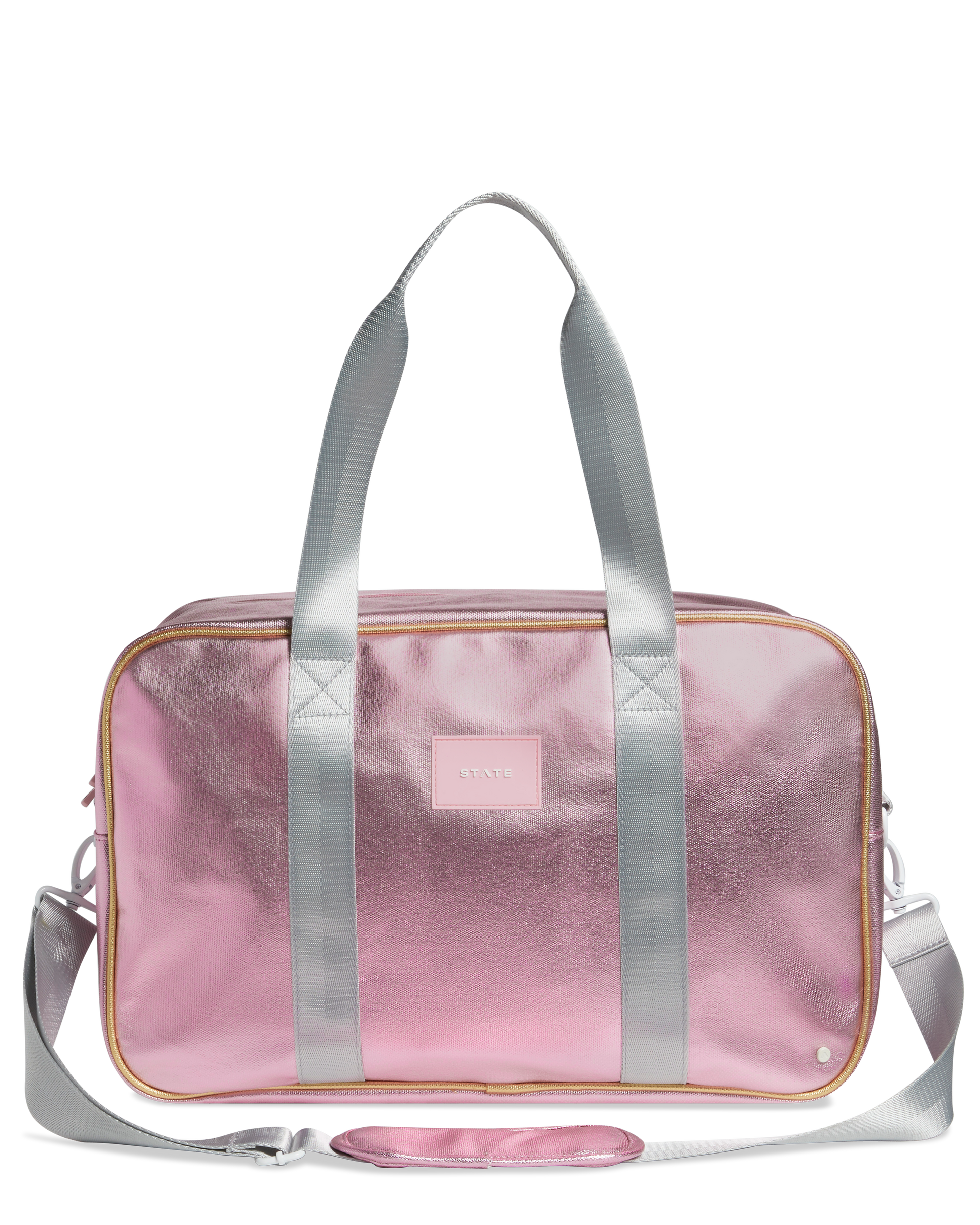Pink metallic duffel bag with silver straps on a white background