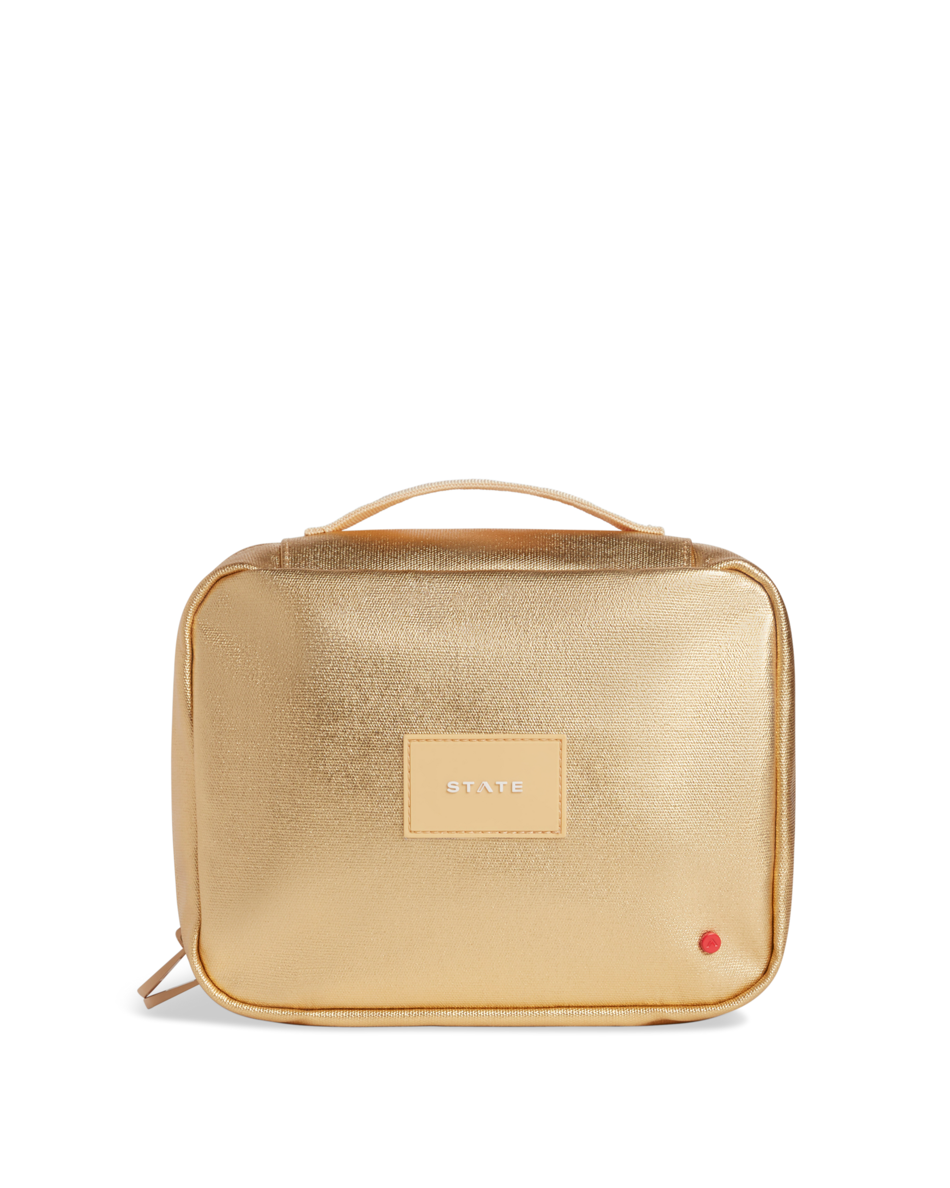 Gold travel bag with a visible state bag  logo on a white background