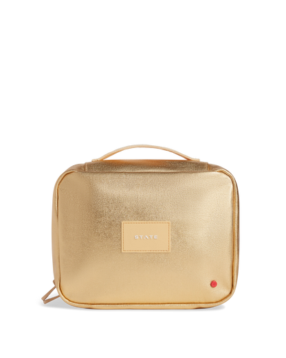 Gold travel bag with a visible state bag  logo on a white background