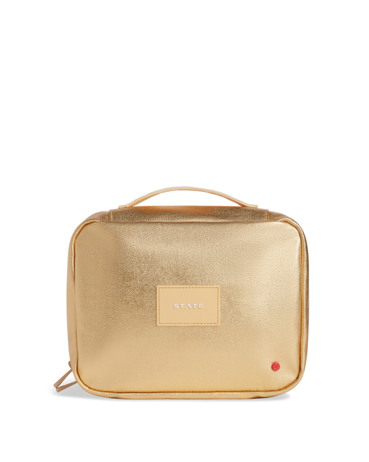 Gold travel bag with a visible state bag  logo on a white background