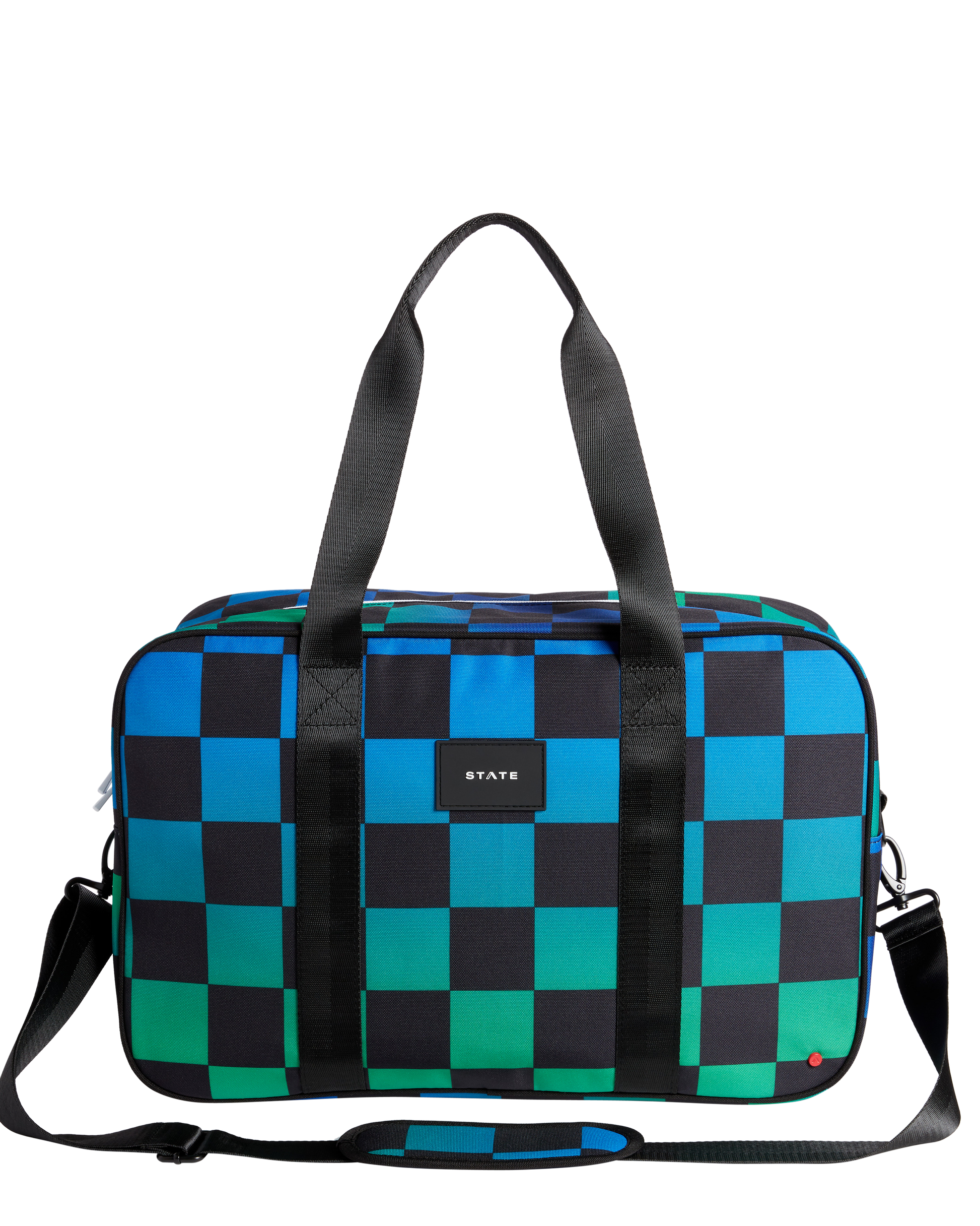 Checkered duffel bag with black straps on a white background